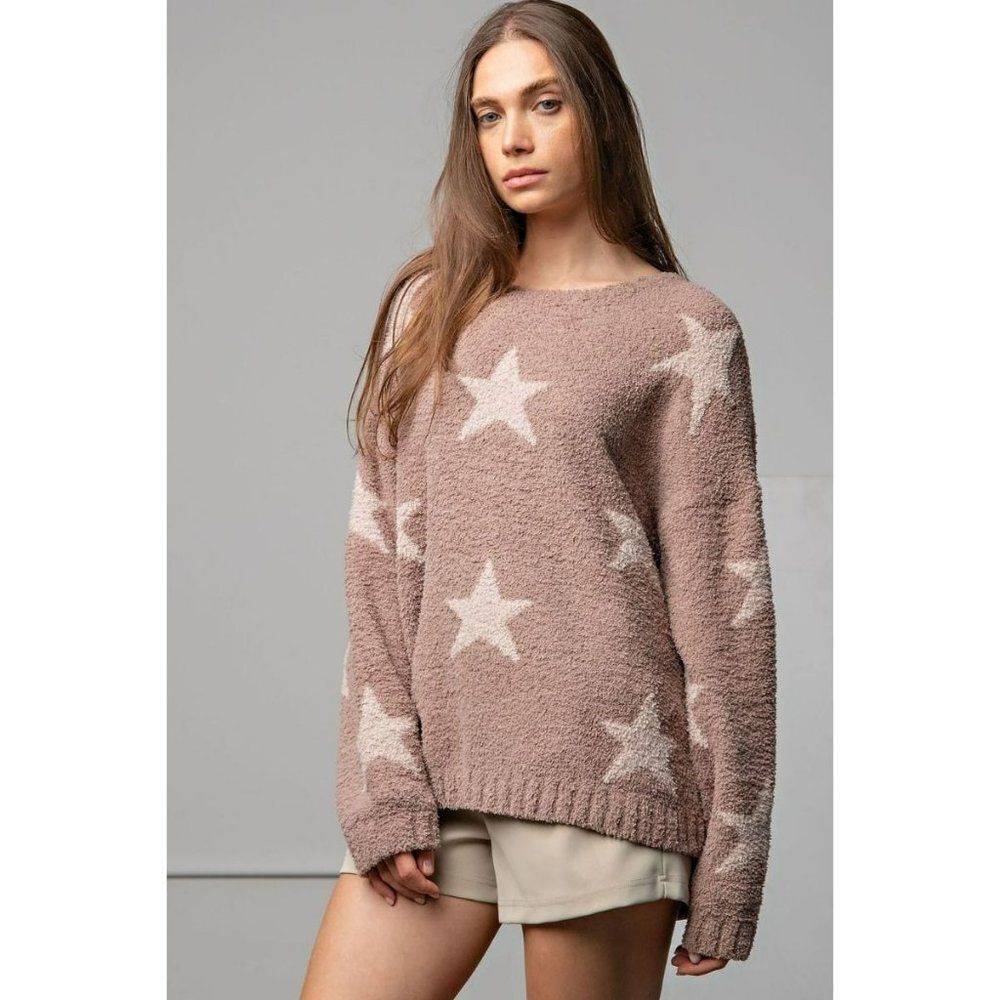 Easel Star Patterned Sweater Comfy Cozy Soft Pullover Cardigan Mocha S-L ET17785